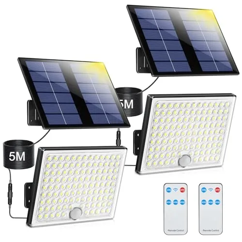 Luz Solar con Sensor de Movimiento, Foco Exterior con Control Remoto 2000mAh 3 Modos IP65 Impermeable, Luces Led para Jardín, Lámpara Solar con Cable de 5M, 2 Piezas