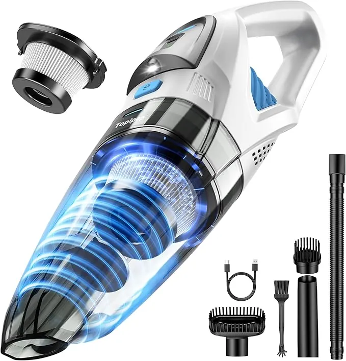 Topipop Aspiradora de Mano, Potente Aspiradora de 25000 Pa con Estación de Carga, Ganadora de la Prueba de Batería, Aspiradora Inalámbrica para Coche con Filtro HEPA (Blanco)