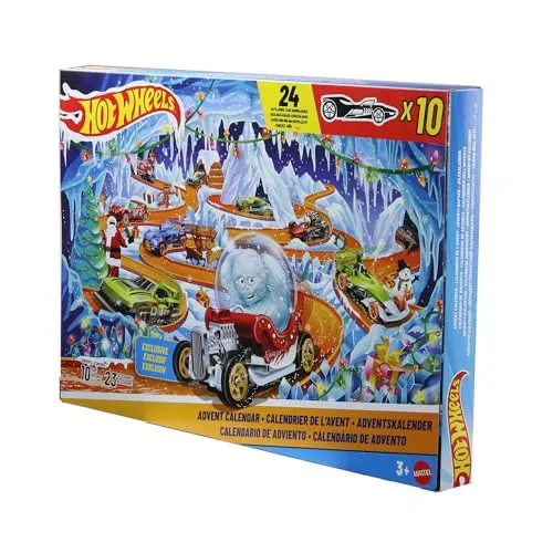 Hot Wheels Calendario de Adviento 2026 | Con 10 vehículos a escala 1:64, 14 accesorios invernales y 10 clips para adornos, JLG41