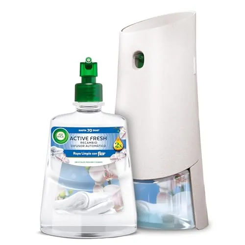 Air Wick Active Fresh Spray Automático Sin Aerosol - fragancia a Ropa Limpia, 2 veces más aceites esenciales - Aparato difusor + recambio, hasta 70 días de duración