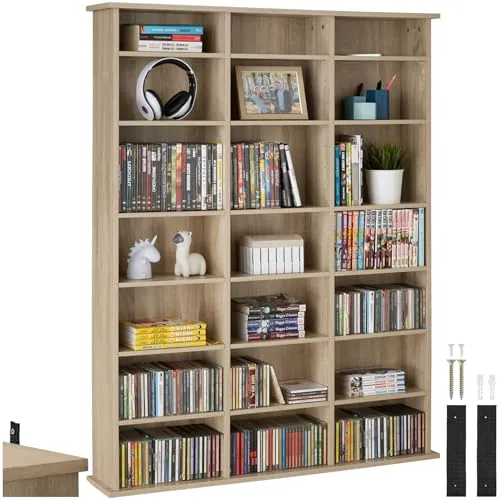 tectake® Estantería Pared con Efecto Madera, 21 Compartimentos, Estantes Ajustables en Altura y Extraíbles, Estantería Libros y Cds, Elegante Mueble Almacenaje, Superficie Resistente - Roble Sonoma