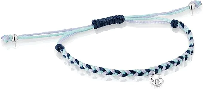 TOUS Pulsera para Mujer con Motivo Oso de Plata de Primera Ley y Nylon En Color Azul, 17cm de Largo, Colección Motivos