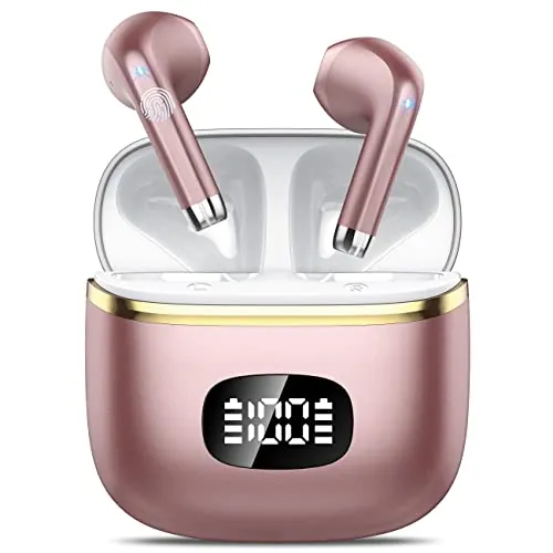 POMUIC Auriculares Inalambricos Bluetooth 5.3 con 4 HD Micró HiFi Estéreo, Cascos Inalambricos Bluetooth Control Táctil, Pantalla LED Reproducción De 40H, IPX7 Impermeable, Oro Rosa