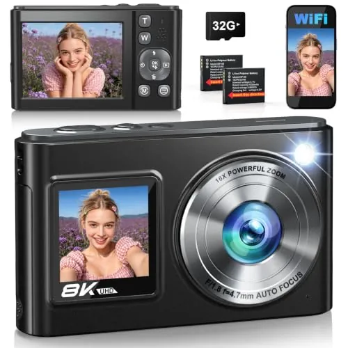 Cámara Digital Nueva 2026 8K 96MP Doble Pantalla WiFi, Autofoco, Estabilización, Zoom 16X, Cámara Compacta de Viaje con Tarjeta SD 32GB y 2 Baterías 1050mAh
