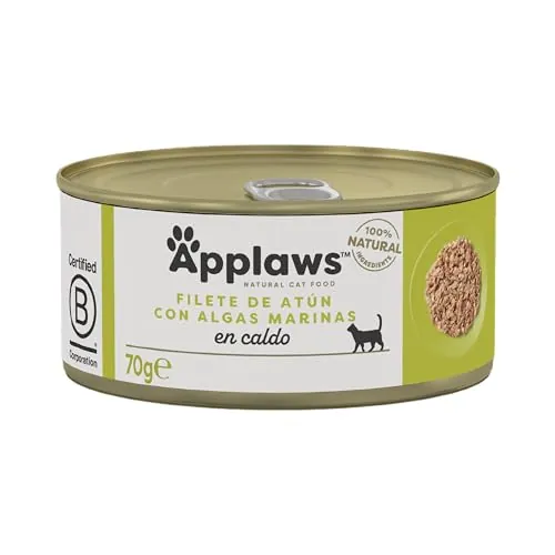 Applaws 100% Natural Filete de Atún con Algas Comida Húmeda para Gatos Adultos en Caldo - Paquete de 24 latas de 70g