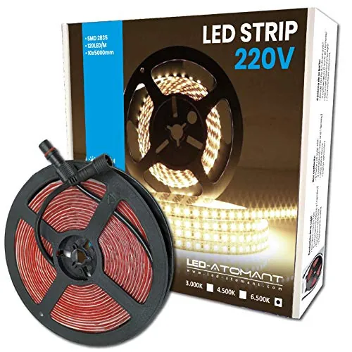 LED ATOMANT Rollo de 10 metros de Tira de Luz LED Directa a 220v, 12W/m, Color Blanco Frio (6500K), Impermeable (IP65), Corte cada 10cm