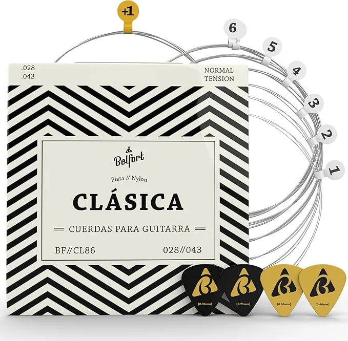 Belfort® Juego Cuerdas Guitarra Española, Clasica, Cuerdas Guitarra Flamenca) 6x Cuerda Nylon + 4 púas + eBook - Accesorios, Cuerda Guitarras (Guitar Strings)