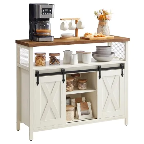 VASAGLE Aparador, Armario de Cocina, Armario de Almacenamiento, con 2 Puertas Correderas, 33 x 100 x 80 cm, Estantes Ajustables, para Salón, Blanco Rústico, Marrón Miel LSC092W01