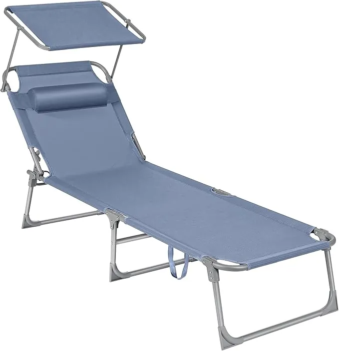 SONGMICS - Tumbona Plegable, 193 x 53 x 29 cm, Capacidad de 150 kg, con Parasol, reposacabezas, Respaldo Ajustable, para jardín, Piscina, terraza, Azul GCB192Q01