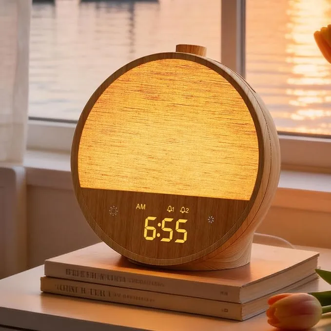 blonbar - Despertador con luz y simulación de amanecer, lámpara de cabecera con 10 sonidos naturales y 10 sonidos blancos, lámpara de mesa con luz ambiente RGB, despertador suave para dormitorio