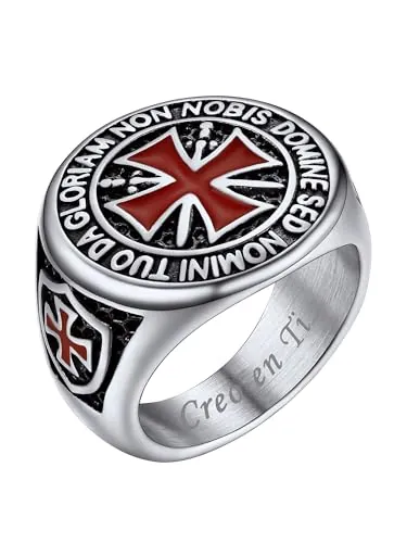 PROSTEEL Personalizable Anillo Sello Cruz Masonico Gotico Moto, Anillo Redondo Hombre Menique Coctel, Talla 19.5 (59mm)