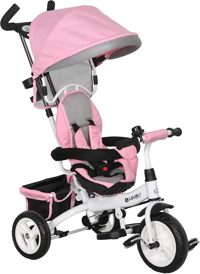 HOMCOM Triciclo Evolutivo para Bebés 6 en 1 Triciclo para Niños de 1-5 Años Bicicleta para Niños con Toldo Plegable Mango Telescópico Desmontable Cinturón de Seguridad y Cesto 95x50x106 cm Rosa