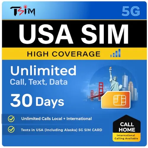 Tarjeta SIM TSIM USA 30 días con Llamadas al país de Origen | Alta Cobertura | Datos ilimitados en Red AT&T | Llamadas/Textos Locales + internacionales ilimitados en EE. UU. (Incluye Alaska) SIM 5G