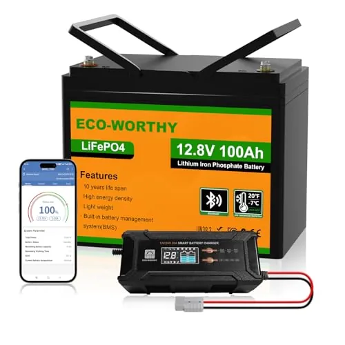 ECO-WORTHY LiFePO4 Bluetooth 12 V 100 Ah con Cargador de 12/24 V 20 A, bateria Litio 12 V 100 Ah con protección BMS de Baja Temperatura para caravanas, Barcos, caravanas