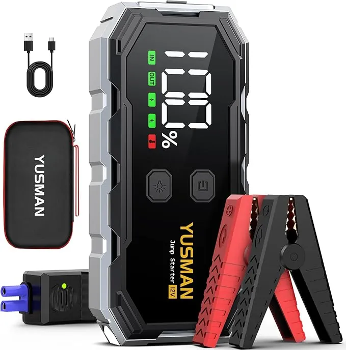 YUSMAN Arrancador de Coche, 8000A Arrancador de Baterias de Coche,12V Arrancador de Portátil con para All Gasolina o 10L Diesel, Linterna LED de Emergencia,Carga Rápida, Pantalla LCD Extragrande