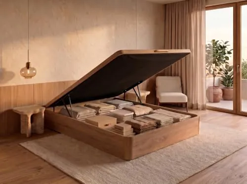ROYAL SLEEP Canapé Abatible de Madera Dos Esquinas Redondas | 135x190 | Montaje y Retirada de Usado Incluido | Gran Capacidad | Tapa 3D Transpirable | 32 cm | Natural | Space Bed