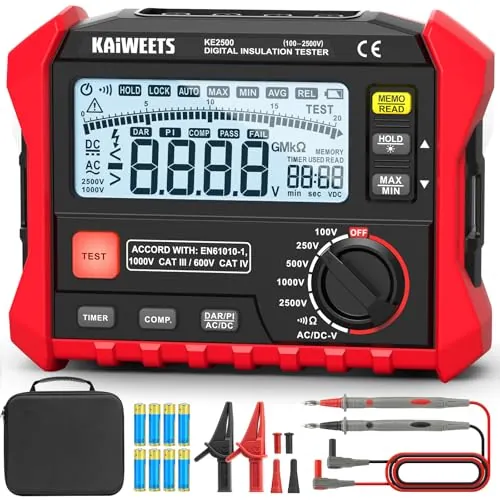 KAIWEETS Comprobador de Resistencia de Aislamiento, Hasta 200 GΩ, Megóhmetro Profesional, 5 Rangos 100 V/250 V/500 V/1000 V/2500 V, DAR/PI con Un Solo Toque, Máx./Mín., Mide Resistencia y Voltaje