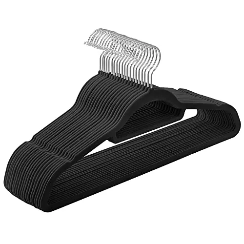 SONGMICS Percha de Terciopelo, Juego de 20, Antideslizantes, con Barra Corbata y Gancho Giratorio 360°, 0,6 cm Espesor, Ahorra Espacio, 43,5 cm Largo, para Abrigo Pantalón, Negro Tinta CRF20B