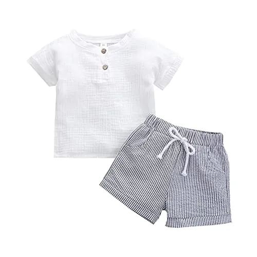 Conjunto de bebé Sesión de fotos Primavera Verano Algodón Acanalado Manga Corta Rayas Pantalones Cortos Trajes Ropa Ropa Bebé Niños Verano, Blanco, 18-24 meses