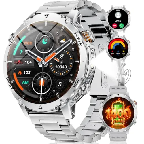 LIGE Reloj Inteligente Hombre 1400mAh Larga Duración, 1.7" Smartwatch Militar con Linterna LED, Llamadas Bluetooth, 120+ Deportes, Impermeable, Frecuencia Cardíaca,Android iOS,2 Cargadores,EF26-C