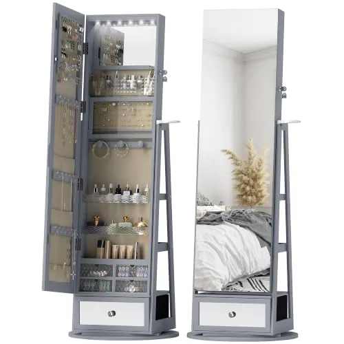 HOMCOM Espejo Joyero con Luces LED Giratorio de 360° Gris Claro y Beige
