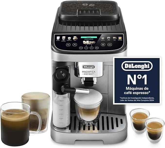 De’Longhi Magnifica Evo Next – Perfetto Cafetera Superautomática, LatteCrema Jarra de leche automática, 13 Bebidas One-Touch, Pantalla Táctil a Color,Plata y Negro (ECAM312.80.SB)