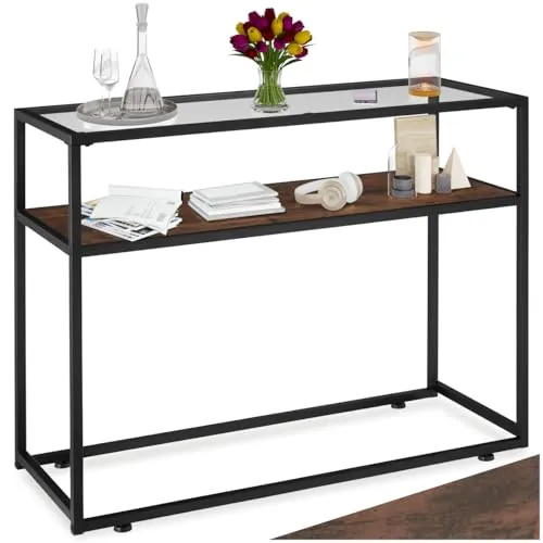 tectake® Mueble Recibidor Estilo Industrial, Consola Auxiliar con 2 Estantes, Tablero de Cristal, Estructura de Acero, Madera Aglomerada, Mueble Entrada - Madera Industrial Oscura, Rústica