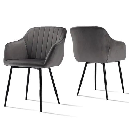 Goeurvant Pack de 2 Sillas de Comedor con Reposabrazos, Sillas Tapizadas de Terciopelo con Patas Metálicas, Modernas Sillón para Salón y Cocina, Gris Oscuro