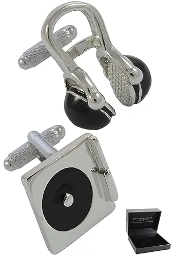 Gemelos Camisa Hombre Música - Con Caja - Gemelos para Camisas - Placa Giratoria Para DJ y Auriculares - Latón - Color Plata y Negro - Un Par