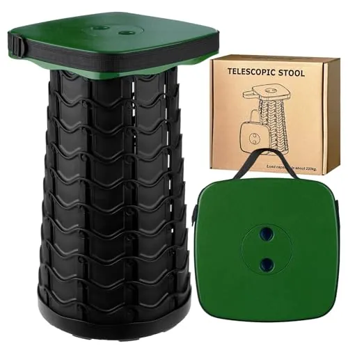 KALBIGRO Verde Taburete Plegable Portatil, Taburete Telescópico, Retráctil, Silla Portatil Ligera para Viajes, Pesca, Senderismo y Camping, Carga Máxima 485LBS/220KG