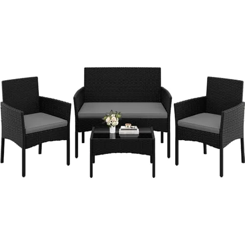 Yaheetech Conjunto Jardin Exterior Muebles Ratán de Jardín de 4 Piezas, 1 Sofá, 2 Sillas con Cojines y 1 Mesa con Vidrio para Patio/Terraza/Balcón (Negro/Gris Claro)