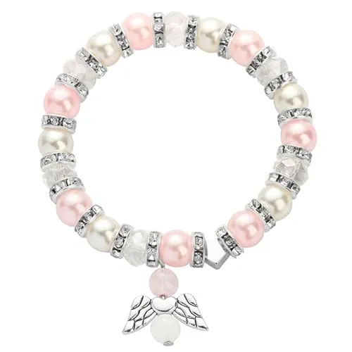 Azlanway Pulsera de ángel de la guarda para niña, pulsera elástica de perlas con colgante de ángel, tarjeta y caja de regalo, amuleto de la suerte, regalo para Navidad, cumpleaños y calendario de