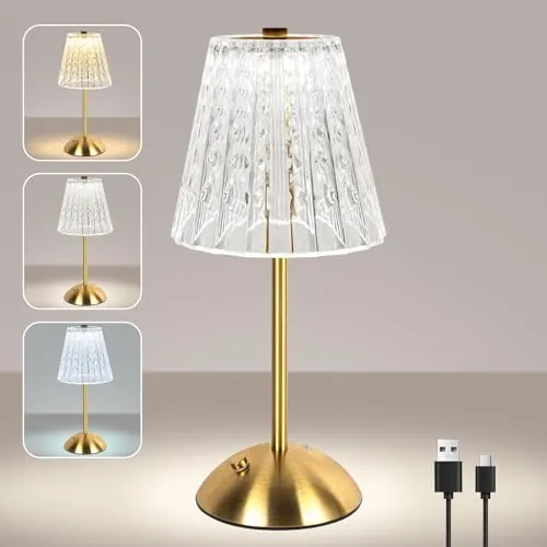 vsshe Lampara Inalambrica, 2000mAh Lampara Recargable con USB-C, 3 Temperaturas de Color Toca Cristal Lampara de Mesa, Lámpara de Mesa Inalámbrica para Dormitorio, Cafetería, Bar, Cena (Oro)