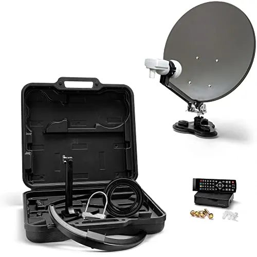 XORO MCA 38 HD Set - Antena satélite de camping de 38,5 cm con receptor FullHD DVB-S2, LNB individual con buscador de satén integrado, cable de 10 m en estuche rígido