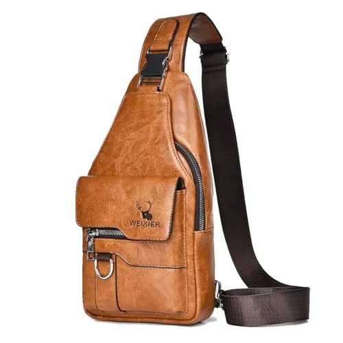 A-QMZL Bolso Hombro de Pecho de Piel Bandolera Cuero Bolsos Bandolera Casual Sling Bag Mochila Hombro Bolsas Impermeable Crossbody de Viaje Trabajo (Marrón claro)