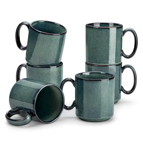 vancasso STARRY Set de 6 Tazas de Café Grandes de Gres - 480ml - Tazas de Desayuno con Asa para Leche, Té, Avena, Yogur – Esmaltado Reactivo Verde