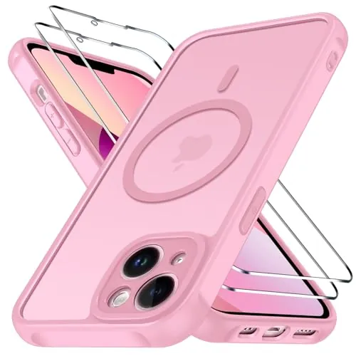 ivoler Funda Magnética para iPhone 13 con 2 Piezas Cristal Templado, Compatible con MagSafe, [Protección Militar] Protectora Antiarañazos Translúcida Mate Silicona Case, Rosa