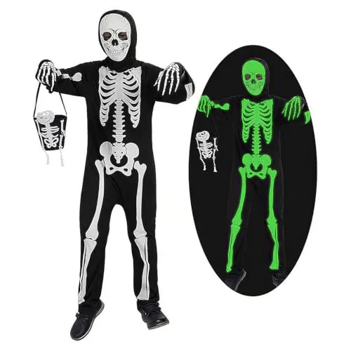 STOAT Disfraz Halloween Niño. Mono esqueleto luminoso, transpirable & suave para niños y niñas, M:120-130cm, para Carnaval & fiestas con bolsa esqueleto