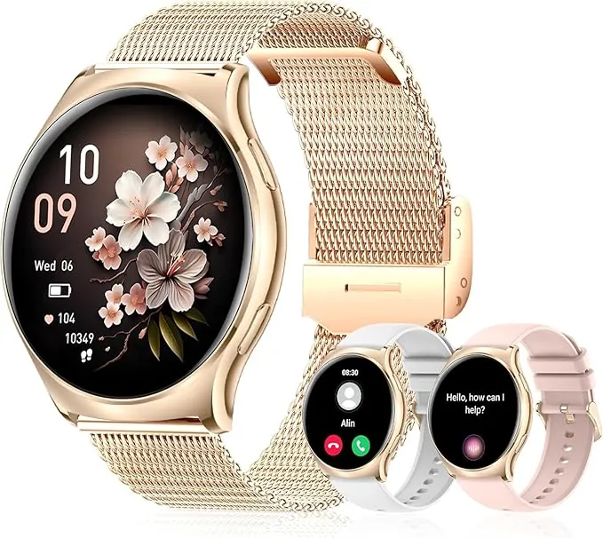 Reloj Inteligente Mujer(3 Correa), 1,43" AMOLED Smartwatch con Llamadas Bluetooth/24H Pulsometro Ciclo Menstrual Sueño Podómetro, 130+ Modos Deporte Fitness Tracker para iOS Android(Oro Rosa)