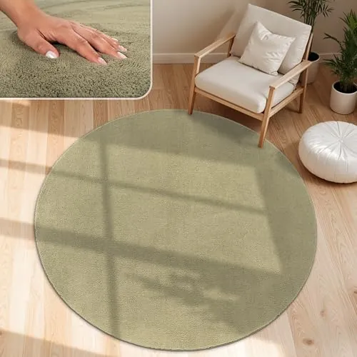 Paco Home Alfombra Moderna y Suave para Salón a Pelo Corto Lavable Fluffy Uni Efecto Piel Intemporal Elegante Antideslizante Fácil de Limpiar, tamaño:Ø 200 cm Redon, Color:Verde Claro