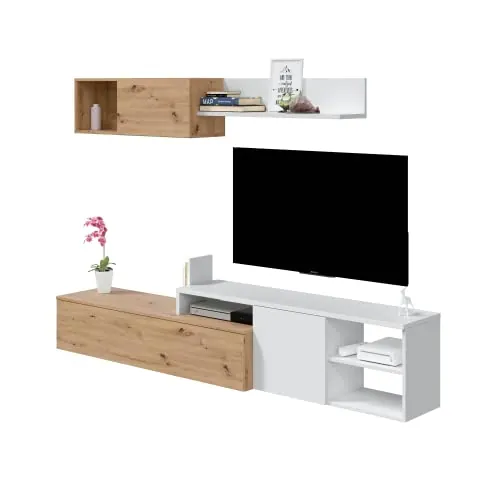 Habitdesign Conjunto de Salon Reversible, Mueble de Salon, Modulos de Comedor, Modelo Julia, Acabado en Roble Nodi y Blanco Artik, Medidas: 221 cm (Ancho) x 44 cm (Alto) 40cm (Fondo), Grande, 016647W