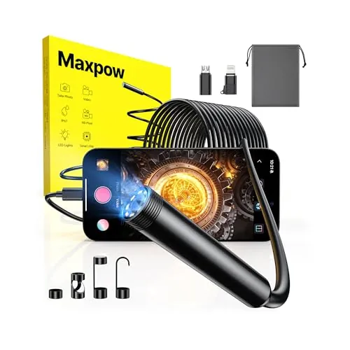Maxpow Endoscopio Camara de Inspeccion - 𝟏𝟗𝟐𝟎 𝐇𝐃 𝐈𝐏𝟔𝟕 𝟖 𝐋𝐄𝐃 Endoscopio para Móvil con Cable Semirrígido Flexible Impermeable para Android e iOS para Tuberías Máquinas Alcantarillas 5m