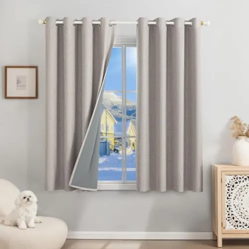 Runyéla 100% Cortinas Opacas Lino Termicas para Dormitorio y Salon 2 Piezas | 140x145cm, Gris Beige, Ojales, Aspecto Lino, Aislantes de Frío y Calor, Reducción Luz, Mayor Privacidad, Acústico Eficaz