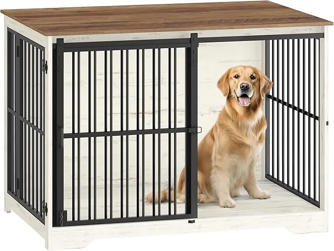 Hzuaneri 110cm Jaula para Perros, Mesa Auxiliar, casa Moderna para Perros, Jaula para Cachorros, dúplex para Animales, 2 Puertas, 65 × 110 × 81 cm, Blanco Marrón DFC84414B