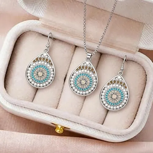 Juego de 3 piezas de joyería con caja de joyería para mujer, diseño étnico vintage, bohemio, turquesa, collar con colgante y aretes colgantes de gota, regalos de boda, Small, Acero aleado, No es una
