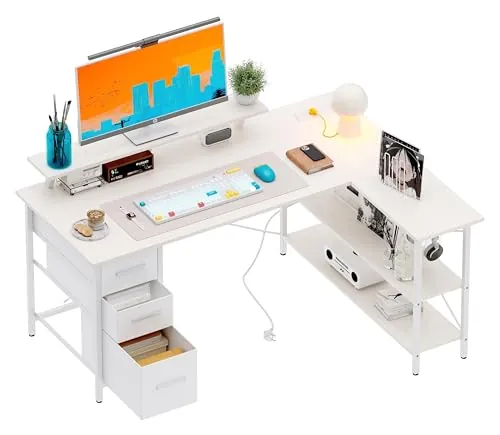 Xyphren Escritorio en Forma L con 3 cajones de Tela, Escritorio de Esquina Reversible con Soporte para Monitor, Enchufe y Puerto de Carga USB para Homeoffice, 140 * 80cm, Blanco